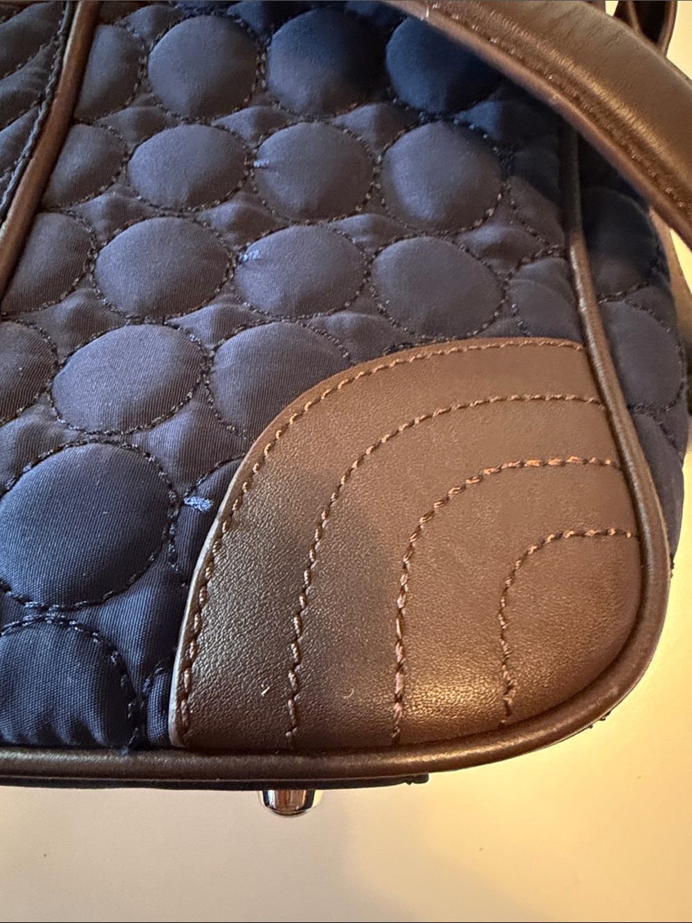 Vera Bradley Wildwood Park microfiber bag. Quilted navy blue with brown strap. - Picture 8 of 13